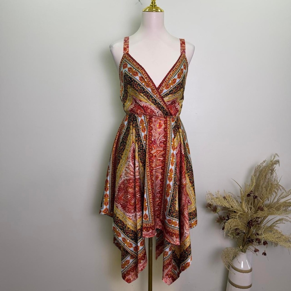 Magnolia Boutique Medium Satin Paisley Handkerchief Hem Midi Dress